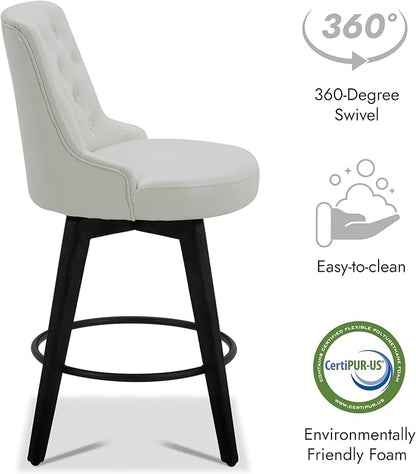 Watson & Whitely Counter Height Bar Stools, Faux Leather Upholstered Modern Swivel Barstool with Back, Solid Wood Legs, 26" H Seat, White