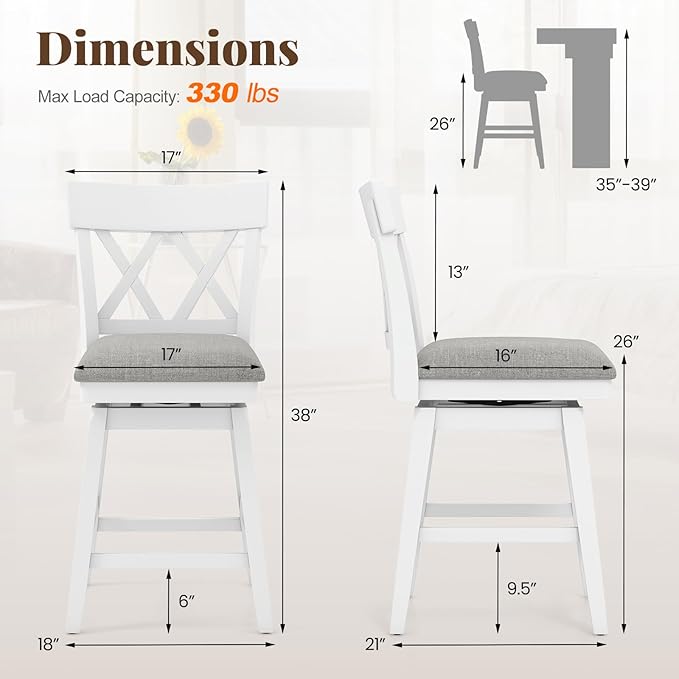 COSTWAY Bar Stool for Kitchen Island, 26" Counter Height Chair with Ergonomic Backrest, Foot Rest, Padded Seat & Solid Wood Structure, 360°Swivel Farmhouse Barstool with Back