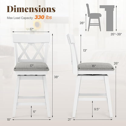 COSTWAY Bar Stool for Kitchen Island, 26" Counter Height Chair with Ergonomic Backrest, Foot Rest, Padded Seat & Solid Wood Structure, 360°Swivel Farmhouse Barstool with Back