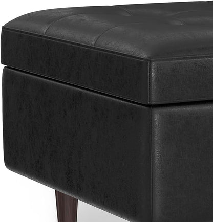 SIMPLIHOME Shay 34 inch Wide Mid Century Modern Small Rectangle Coffee Table Storage Ottoman in Distressed Black Vegan Faux Leather, Assembled, for The Living Room, Entryway and Family Room