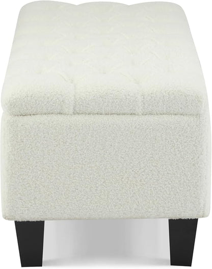 Christopher Knight Home Ottilie Boucle Fabric Storage Ottoman Bench, Wooden Rectangular Ottoman with Storage, Bedroom End of Bed Foot Stool, Entryway Ottoman Footrest, Living Room Extra Seat, White