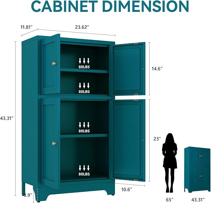Metal Bathroom Storage Cabinet, Freestanding Pantry Floor Cabinet with 4 Doors and 2 Adjustable Shelves for Living Room, Dining Room, Kitchen (Blue, 43.3" H-4 Doors)