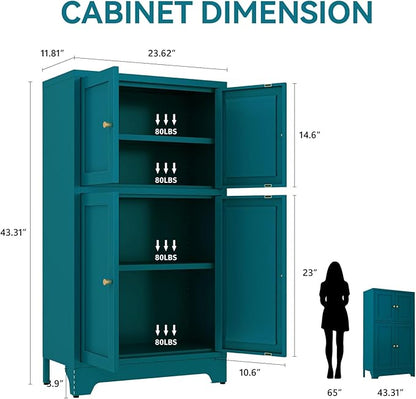 Metal Bathroom Storage Cabinet, Freestanding Pantry Floor Cabinet with 4 Doors and 2 Adjustable Shelves for Living Room, Dining Room, Kitchen (Blue, 43.3" H-4 Doors)