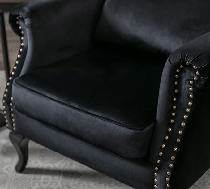 Mid Century Modern Accent Chair Upholstered Armchair Comfy Velvet Fabric Single Sofa with Tufted Wingback for Small Spaces Bedroom Living Room, Black