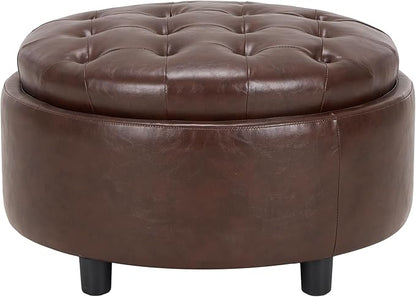 COLAMY Round Leather Storage Ottoman with Reversible Tray Lid – Multi-Functional Footrest, Hidden Storage, Sturdy & Stylish Small Coffee Table for Living Room, Bedroom, or Entryway(Brown)
