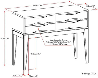 SIMPLIHOME Harper Console Table - 40 Inch Wide Solid Hardwood Sofa Table in Walnut Brown, Mid-Century Modern Storage Table for Entryway or Living Room with 4 Drawers, Notched Handles, and Tapered Legs