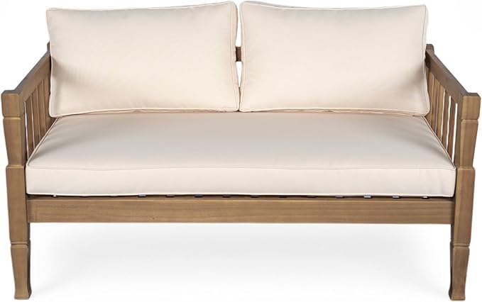 Scott Living Darla 4 Piece Outdoor Rustic Acacia Wood Seating Set, 4 Seater Conversation Set, Acacia Wood Loveseat and Club Chairs, Sofa Set with Cushion, Retangular Coffee Table, Light Gray+Beige