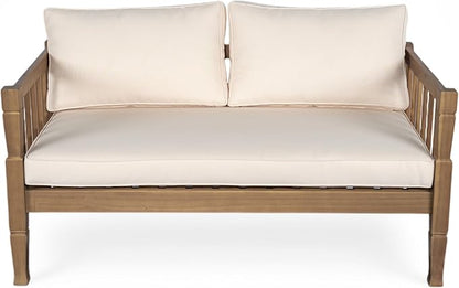 Scott Living Darla 4 Piece Outdoor Rustic Acacia Wood Seating Set, 4 Seater Conversation Set, Acacia Wood Loveseat and Club Chairs, Sofa Set with Cushion, Retangular Coffee Table, Light Gray+Beige