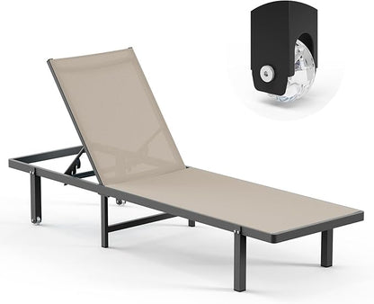 Pool Lounge Chairs, Chaise Lounge Outdoor with Wheels and 5-Position Recliner -Easy to Move- Aluminum Patio Lounge Chair for Poolside, Deck (Khaki)