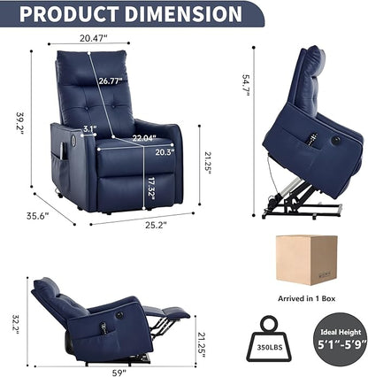 PELUMY Manual Lift Recliner Chair with Massage and Heat for Elderly, Single Motor Electric Lift Chair, Heavy Duty Recliner with USB Charging & Side Pockets (Breathable Leather, Dark Blue)