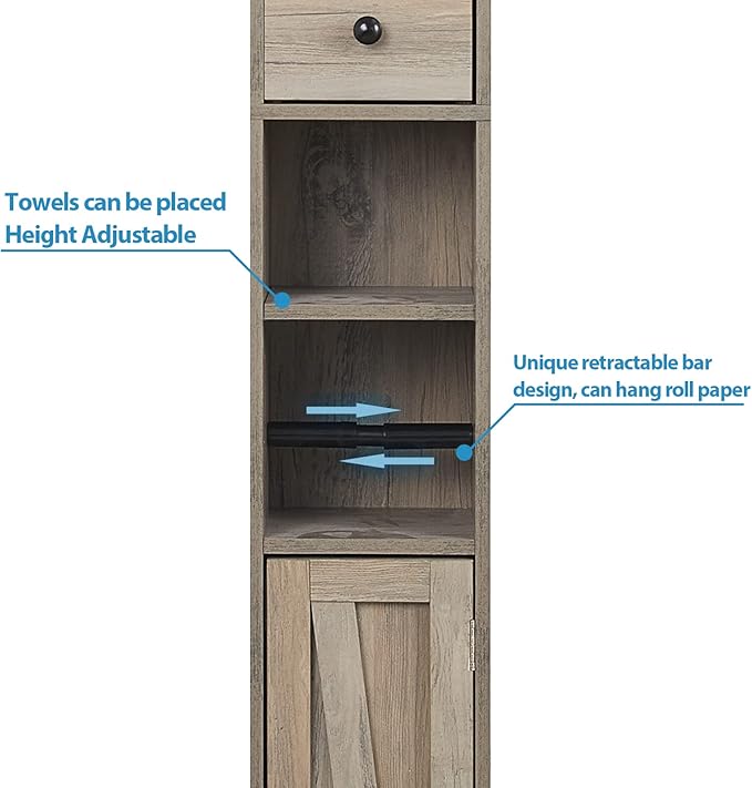 Bathroom Cabinet with Adjustable Shelf, Storage Cabinet for Small Space, Tall Bathroom Storage Cabinet with Retractable Toilet Paper Rod, Narrow Cabinet with 2 Doors, 8 Compartment, Brown Gray