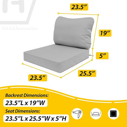 AAAAAcessories Outdoor Deep Seat Cushions, Waterproof, Fade-Resistant Patio Furniture Replacement Cushions, 23.5" x 25.5" x 5" + 23.5" x 19", Set of 2, Gray