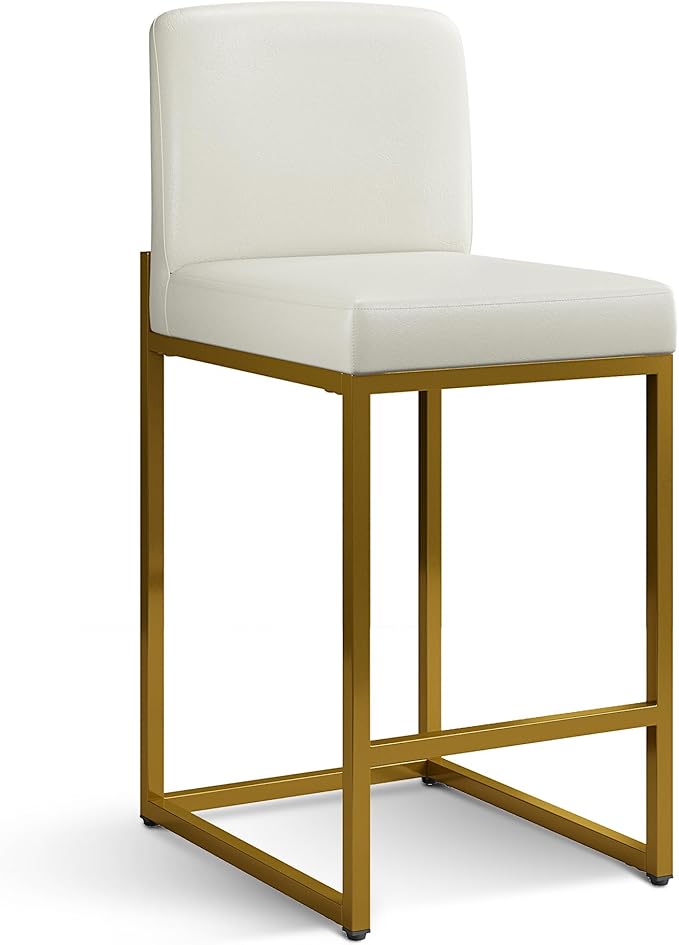 ALPHA HOME 24 Inch Bar Stools, Kitchen Counter Stools with Backs, PU Leather Barstools, White Bar Stools with Upholstered Footrest, Sturdy Chromed Metal Steel Frame, White