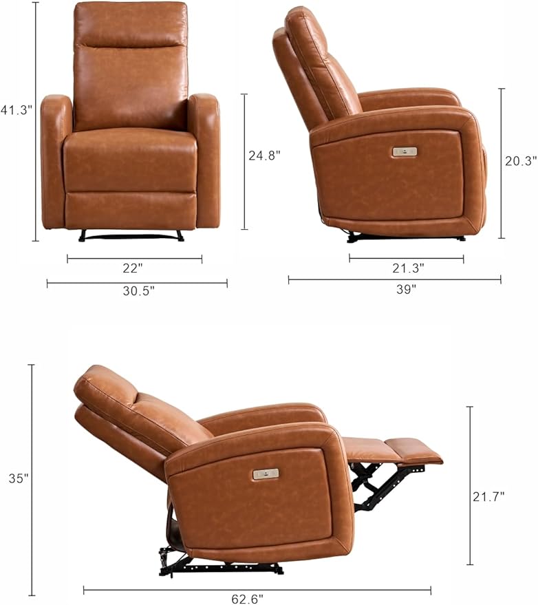 Leather Recliner Chair,Power Recliner Chair with Power Headrest Type-C Charger for Adult, Electric Recliner Sofa for Living Room & RV, Brown