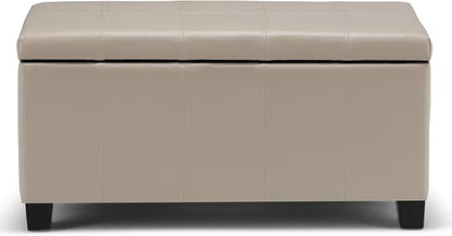 SIMPLIHOME Dover 36 inch Wide Contemporary Rectangle Storage Ottoman Bench in Satin Cream Vegan Faux Leather, Assembled, For the Living Room, Entryway and Family Room