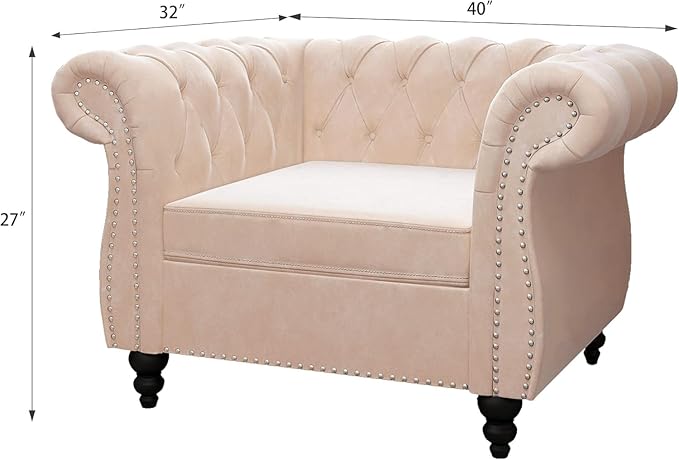 Living Room Chair, Modern Velvet Chesterfield Sofa Chair, Mid Century Single Sofa Couch Chair with Tufted Back and Rolled Arms, Accent Sofa Chair for Living Room Apartment, Beige