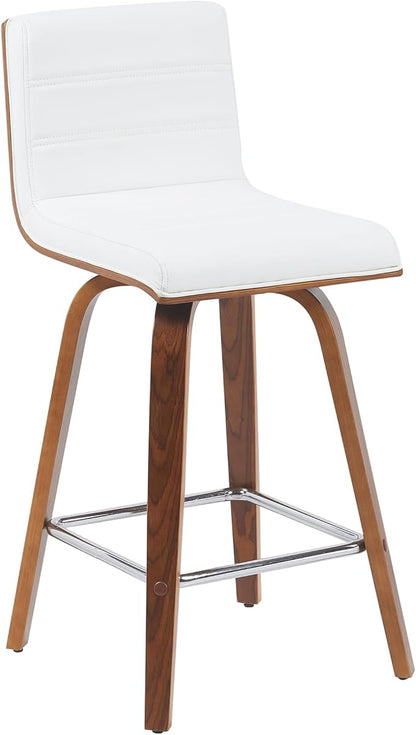 Vienna Modern Counter Height Swivel Bar Stool with Snow White Faux Leather Seat and Walnut Finished Wood Frame Set of 2