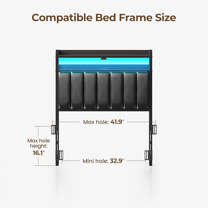 Rolanstar Headboard for Twin Size Bed with Storage, 60,000 DIY Color of LED Light, Head Board with USB & Type C Port, Height Adjustable, Black Upholstered Cabeceras de Cama Comfortable Modern, Leather