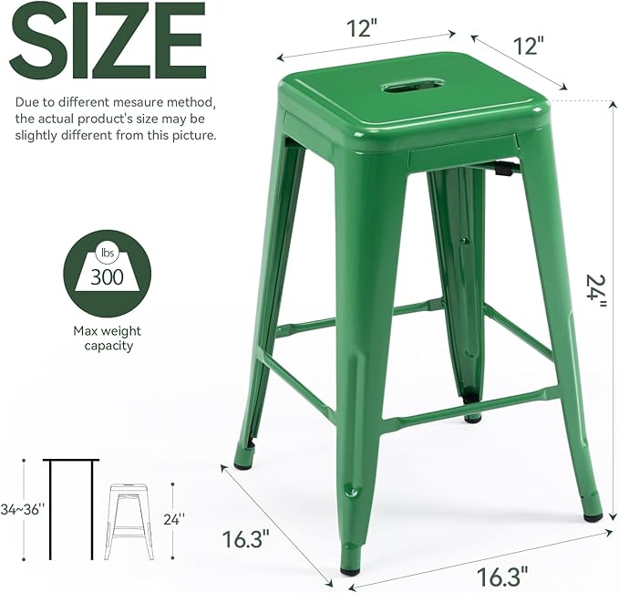 Vogue Furniture Direct 24" High Bar Stools Backless Green Metal Barstools Indoor-Outdoor Counter Height Stools with Square Seat, Set of 2 - VF1571020