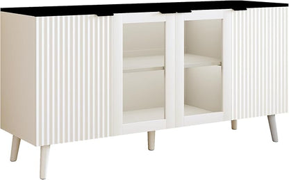 JASIWAY Buffet Cabinet with Storage 55" Fluted Sideboard with Glass Door Modern Coffee Bar Table Accent Credenza Cabinet for Dining Room, Kitchen, Living Room, Hallway, White and Black