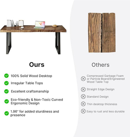 Solid Wood Desk 55 inches, Home Office Computer Desk Wooden Rustic Writing Desk Metal Modern Simple Design Executive Real Wood Desk(Dark Brown)