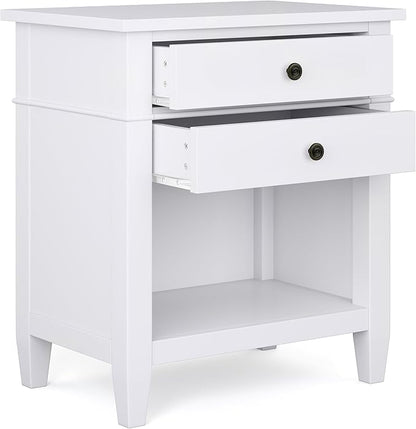 SIMPLIHOME Carlton Bedside Table - 24 inch Wide Solid Wood Nightstand Table in White, Transitional Bedroom Side or End Table with 2 Drawers, Open Storage Shelf and Bronze Hardware
