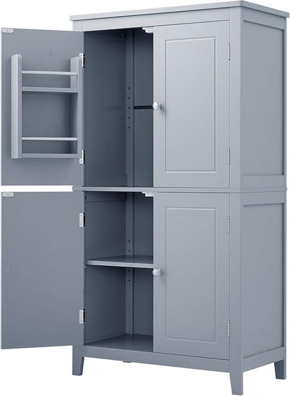 Tall Storage Cabinet, Bathroom Floor Freestanding Storage Cabinet with 2 Double-Door and Adjustable Shelves for Bathroom, Office, Living Room, Grey
