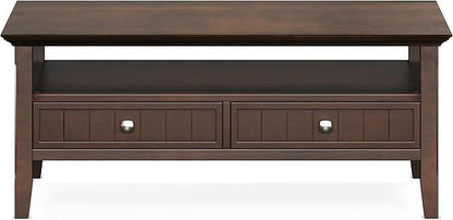SIMPLIHOME Acadian Coffee Table - 48 inch Wide Solid Wood Transitional Cocktail Table with 2 Drawers in Brunette Brown, Classic Living Room Table with Storage Shelf and Tapered Legs