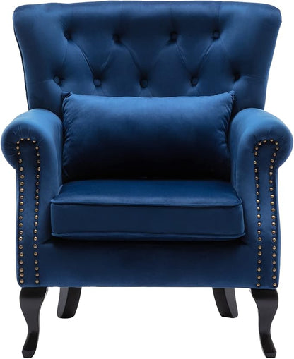 chairus Mid-Century Modern Accent Chair Comfy Tufted Single Sofa Chair Wingback Armchair with Pillow for Club, Living Room, Bedroom - Velvet, Blue