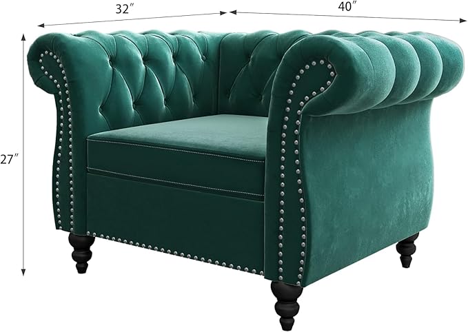 Living Room Chair, Modern Velvet Chesterfield Sofa Chair, Mid Century Single Sofa Couch Chair with Tufted Back and Rolled Arms, Accent Sofa Chair for Living Room Apartment, Green