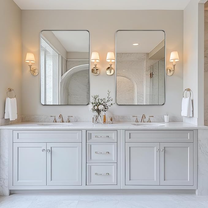 ANDY STAR Mirror for Bathroom, 24x36 Inch Brushed Nickel Bathroom Rectangle Mirror for Wall, Modern Rectangular Thick Tube Metal Frame for Vanity Over Sink, Explosion-Proof Film, Horizontal/Vertical