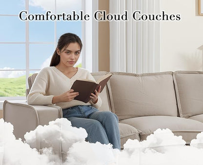 EALSON 93" Modular Sectional Sofa Modern Comfy 3-Seater Couch Sofa Linen Fabric Upholstered Cloud Couches with 24" Deep Seat and Wooden Legs for Bedroom/Living Room/Office, Oatmeal