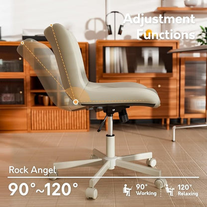 Armless Desk Chair, Morden Home Office Chair no Arms, Adjustable Height & Rocking Computer Chair, PU Leather Vanity Chair, Ergonomic Seat Soft Padded Desk Chairs for Home Small Space, Beige