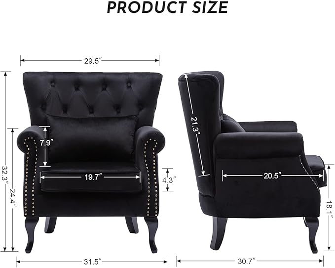 Accent Reading Arm Chairs Set of 2 for Living Room Bedroom, Midcentury Modern Comfy Corner Sofa Chair, Wingback Waiting Room Club Chair with Button Tufted Back &Lumbar Pillow, Velvet Black