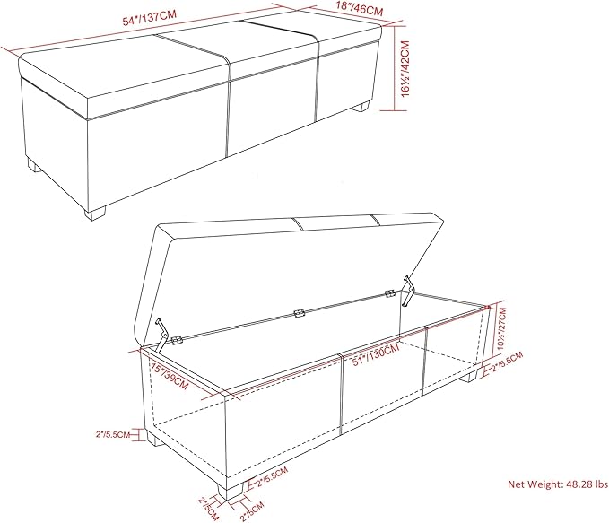 SIMPLIHOME Avalon 54 inch Wide Contemporary Rectangle Extra Large Storage Ottoman Bench in Stone Grey PU faux leather, Assembled, For the Living Room, Entryway and Family Room