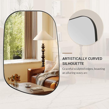 ANDY STAR 22"x30" Black Bathroom Mirror, Irregular Wall Mirror in Stainless Steel Metal Frame, Modern Matte Black Finish with Curved Edge Design, Wall-Mount Vertically or Horizontally