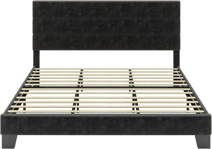 SHA CERLIN King Platform Bed Frame with Velvet Upholstered Headboard, Mattress Foundation with Strong Wooden Slats Support, No Box Spring Needed, Black