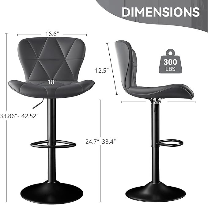 Bar Stools Set of 4,Adjustable Swivel Barstools,Counter Height Barstools with Backs Faux Leather Kitchen Island Bar Chair, Dark Grey