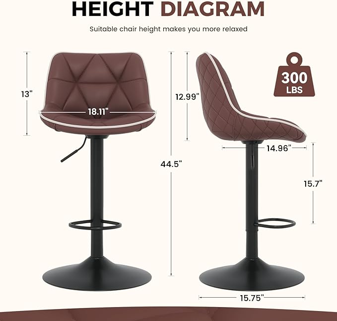 Nalupatio Bar Stools Set of 2, Adjustable Swivel Counter Height Bar Stools with Back, Armless Modern Barstools for Kitchen Island & Home Bar, Upholstered Seat,（Brown）