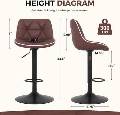 Nalupatio Bar Stools Set of 2, Adjustable Swivel Counter Height Bar Stools with Back, Armless Modern Barstools for Kitchen Island & Home Bar, Upholstered Seat,（Brown）