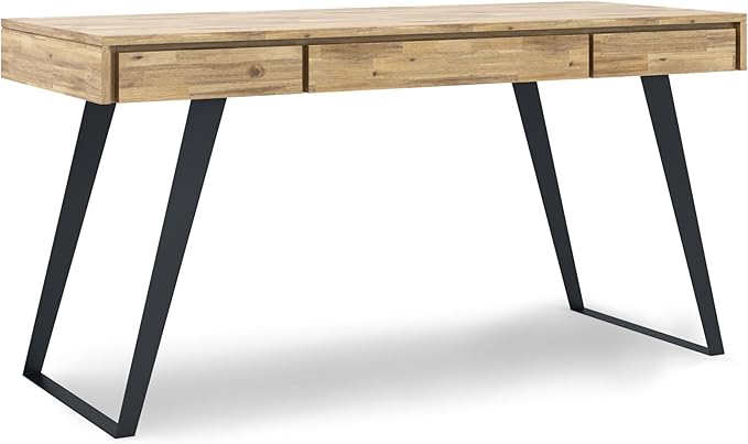SIMPLIHOME Lowry Desk - 54-Inch Wide Solid Acacia Wood and Metal Writing Desk in Distressed Golden Wheat, Modern Industrial Home Office Computer Table with 2 Drawers and Flip-Down Keyboard Tray