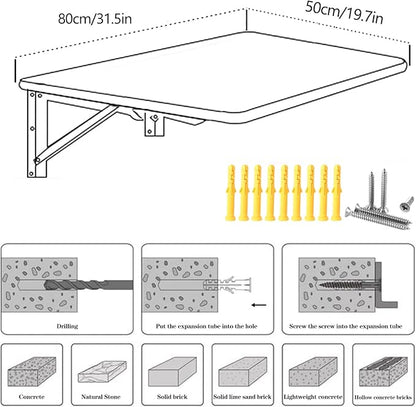 Wall Mounted Folding Table,Black Floating Desk for Small Spaces,Stainless Steel Bracket Laundry Folding Table,Wall Folding Desk,Home Bars and Dining Establishments(80X50cm/31.5"×19.7")