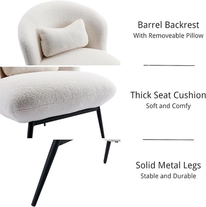 HEAH-YO Modern Accent Chairs Set of 2, Upholstered Sherpa Side Chairs with Barrel Backrest and Metal Legs, Comfy Armless Chair for Living Room Bedroom, White