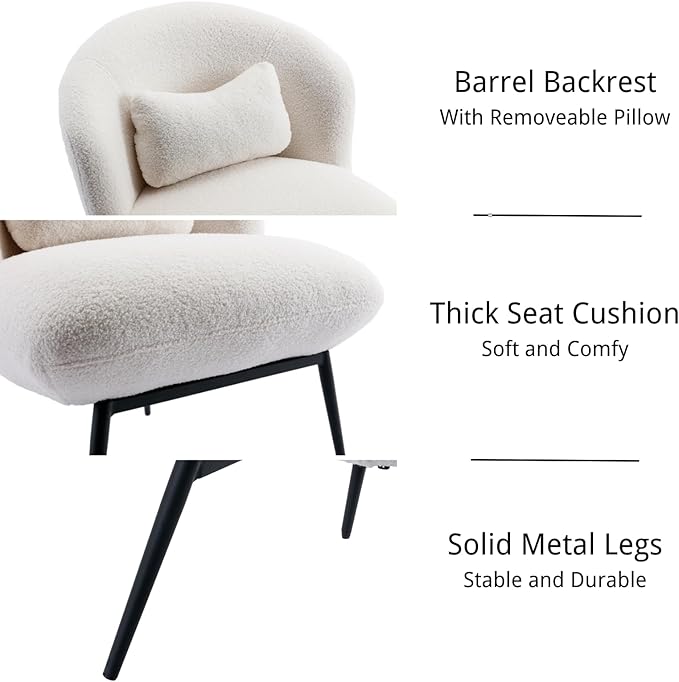 HEAH-YO Modern Accent Chair Set of 1, Upholstered Sherpa Side Chair with Barrel Backrest and Metal Legs, Comfy Armless Chair for Living Room Bedroom, White