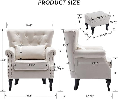 Accent Reading Arm Chairs with Ottoman Set of 2 for Living Room Bedroom, Midcentury Modern Corner Sofa Chair, Wingback Waiting Room Club Chair with Tufted Back &Lumbar Pillow, Linen Beige