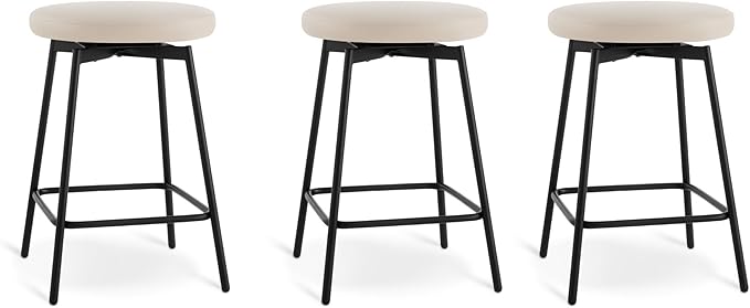 Swivel Bar Stools Set of 3, 24" Counter Height Bar Stool, Backless Barstools with Faux Leather Upholstered Seat&Sturdy Wood Legs for Kitchen Island, Beige