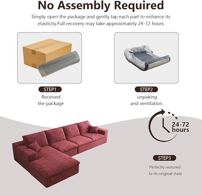 136.6'' L-Shaped Modern Modular Sectional Cloud Couch, 4-Seat Chenille Deep-Seat Sofa with Pillow for Living Room, Bedroom, Apartment, Wine Red