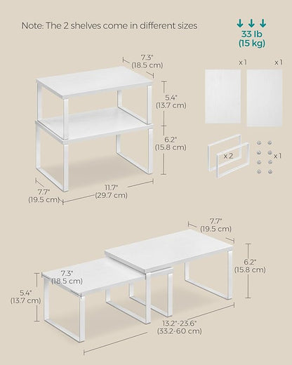 SONGMICS Cabinet Organizer Shelf, Set of 4 Kitchen Counter Shelves, Kitchen Storage, Spice Rack, Stackable, Expandable, Metal and Engineered Wood, Cloud White and Snow White UKCS027W01