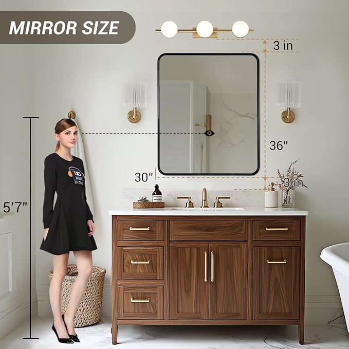 ANDY STAR Black Bathroom Mirror, 30x36 Inch Rounded Rectangle Mirror for Bathroom, Modern Tube Metal Framed Rectangular Mirror for Vanity, Contemporary Wall-Mounted Mirror with Explosion-Proof Film
