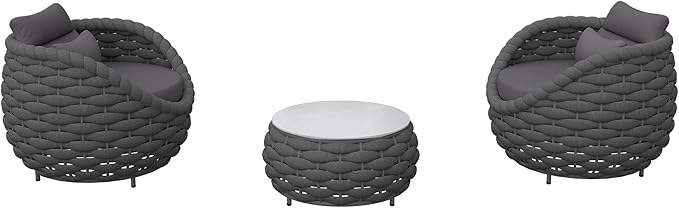 Deck Furniture Set: 3 Pieces Aluminum Woven Rope Patio Conversation Sofa Set for 2, Comfy Cushions Couch Armchair Table Set Assembled, 400lbs for Porch Balcony Pool Bistro Yard Hotel - Dark Gray